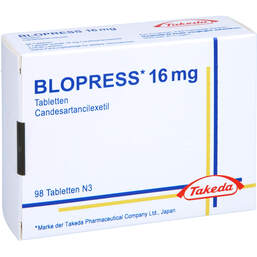 Abbildung: Blopress 16 mg Tabletten 98 St, Tabletten PZN 11046117