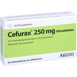 Abbildung: Cefurax 250 mg Filmtabletten 20 St, Filmtabletten PZN 11054499