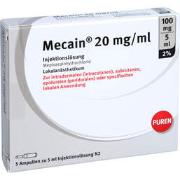 Abbildung: Mecain 2% 20 mg / ml Injektionslösung 100 mg / 5 ml Glasampullen 5X5 ml, Injektionslösung PZN 11055866