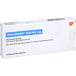 Abbildung: Malarone 250 mg / 100 mg Filmtabletten 12 St, Filmtabletten PZN 11098574