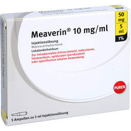 Abbildung: Meaverin 1% 10 mg / ml Injektionslösung 50 mg / 5 ml Glasampulle  5X5 ml, Injektionslösung PZN 11101388