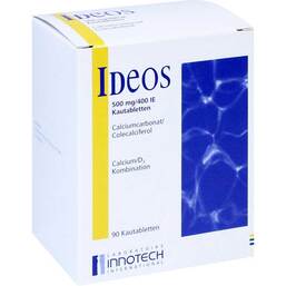 Abbildung: Ideos 500 mg / 400 I.E. Kautabletten 90 St, Kautabletten PZN 11103789