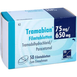 Abbildung: Tramabian 75 mg / 650 mg Filmtabletten 50 St, Filmtabletten PZN 11111205