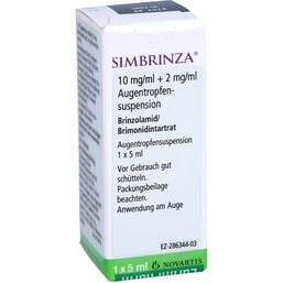 Abbildung: Simbrinza 10 mg / ml + 2 mg / ml Augentropfensuspension 5 ml, Augentropfen PZN 11125650