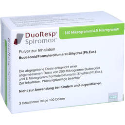 Abbildung: Duoresp Spiromax 160µg / 4,5µg / Dosis 3x120ED Inh.-P. 3 St, Inhalationspulver PZN 11135045