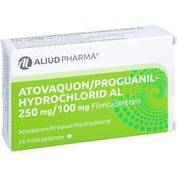 Abbildung: Atovaquon / Proguanilhydrochlorid AL 250mg / 100mg Fta 24 St, Filmtabletten PZN 11155556