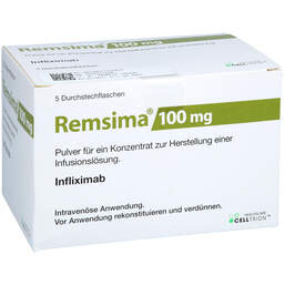 Abbildung: Remsima 100 mg Pulver für einer Konzentration zur Herstellung einer Infusionslösung  5 St, Pulver zur Herstellung eines Infusionslösungskonzentrates PZN 11155987