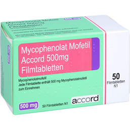 Abbildung: Mycophenolat Mofetil Accord 500 mg Filmtabletten 50 St, Filmtabletten PZN 11157029