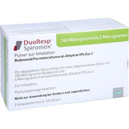 Abbildung: Duoresp Spiromax 160µg / 4,5µg / Dosis 3x120ED Inh.-P. 3 St, Inhalationspulver PZN 11174683