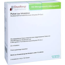 Abbildung: Duoresp Spiromax 160µg / 4,5µg / Dosis 1x120ED Inh.-P. 3 St, Inhalationspulver PZN 11183854