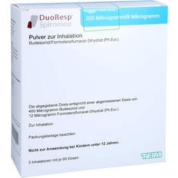 Abbildung: Duoresp Spiromax 320µg / 9 µg / Dosis 3x60ED Inh.-Pulver 3 St, Inhalationspulver PZN 11183908