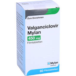 Abbildung: Valganciclovir Mylan 450 mg Filmtabletten 60 St, Filmtabletten PZN 11189905