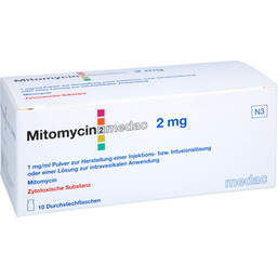 Abbildung: Mitomycin medac 2mg P.z.H.Inj / Infusion ohne intraves.Anw. 10 St, Pulver z.Herst.e.Injekt./-Infl.o.e.L.z.intravesikalen Anw. PZN 11213555