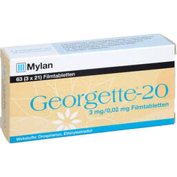 Abbildung: Georgette-20 3 mg / 0,02 mg Filmtabletten 63 St, Filmtabletten PZN 11236384