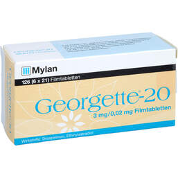 Abbildung: Georgette-20 3 mg / 0,02 mg Filmtabletten 126 St, Filmtabletten PZN 11236390