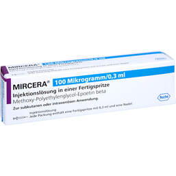 Abbildung: Mircera 100 Mikrogramm / 0,3 ml Injektionslösung i.e.F.-Sp. 1 St, Injektionslösung in einer Fertigspritze PZN 11240463