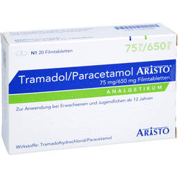 Abbildung: Tramadol / Paracetamol Aristo 75mg / 650mg Filmtabletten 20 St, Filmtabletten PZN 11242686