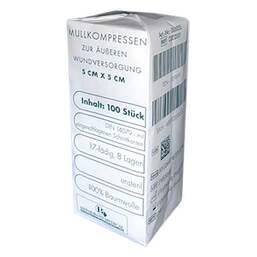Abbildung: Mullkompressen 5x5 cm unsteril 8fach 100 St, Kompressen PZN 11296191