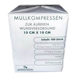 Abbildung: Mullkompressen 10x10 cm unsteril 8fach 100 St, Kompressen PZN 11296251