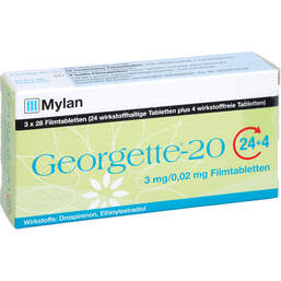 Abbildung: Georgette-20 24 + 4 3 mg / 0,02 mg Filmtabletten 84 St, Filmtabletten PZN 11323806