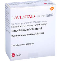 Abbildung: Laventair Ellipta 55 µg / 22 µg Einzeldosis P.z.Inh.30ED 1 St, Inhalationspulver PZN 11329795