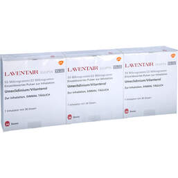 Abbildung: Laventair Ellipta 55 µg / 22 µg Einzeldosis P.z.Inh.30ED 3 St, Inhalationspulver PZN 11329832
