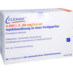 Abbildung: Clexane 60 mg 0,6 ml Injektionslösung in einer Fertigspritze mit Sicherheitssystem 24 St, Injektionslösung in einer Fertigspritze PZN 11331467