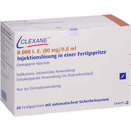 Abbildung: Clexane 80 mg 0,8 ml Injektionslösung in einer Fertigspritze mit Sicherheitssystem 24 St, Injektionslösung in einer Fertigspritze PZN 11331496