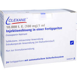Abbildung: Clexane 100 mg 1 ml Injektionslösung in einer Fertigspritze mit Sicherheitssystem 24 St, Injektionslösung in einer Fertigspritze PZN 11331510