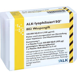 Abbildung: Alk lyophilisiert SQ 802 Wespe F1 1Fl.4 + 1Fl.Verd. 1 P, Pulver u. Lösungsmittel zur Herstellung einer Injektionslsg. PZN 11335867