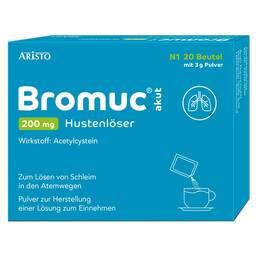 Abbildung: Bromuc akut 200 mg Hustenlöser Pulver zur Herstellung einer Lösung zum Einnehmen Pulver zur Herstellung einer Lösung zum Einnehmen, 20 St PZN 11353167