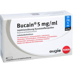 Abbildung: Bucain 0,5% 5mg / ml Injektionslösung 25mg / 5ml Luer-Lock Ampulle 5X5 ml, Injektionslösung PZN 11353629