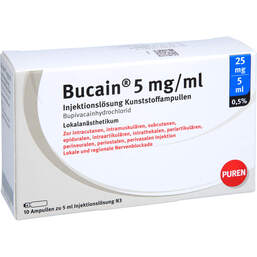 Abbildung: Bucain 0,5% 5mg / ml Injektionslösung 25mg / 5 ml Luer-Lock Ampulle 10X5 ml, Injektionslösung PZN 11353641