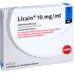 Abbildung: Licain 1% 10 mg / ml Injektionslösung 50mg / 5ml Glasampulle 5X5 ml, Injektionslösung PZN 11355893