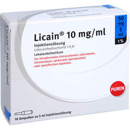 Abbildung: Licain 1% 10 mg / ml Injektionslösung 50mg / 5ml Glasampulle 10X5 ml, Injektionslösung PZN 11355918