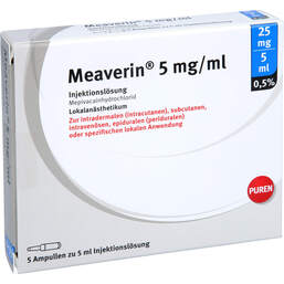 Abbildung: Meaverin 0,5% 5 mg / ml Injektionslösung 25 mg / 5 ml Glasampulle  5X5 ml, Injektionslösung PZN 11356125