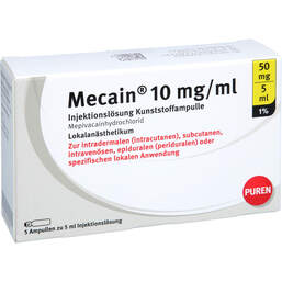 Abbildung: Mecain 1% 10 mg / ml Injektionslösung 50mg / 5ml Luer-Lock Ampulle 5X5 ml, Injektionslösung PZN 11356220