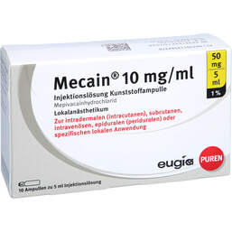 Abbildung: Mecain 1% 10 mg / ml Injektionslösung 50 mg / 5 ml LL Ampulle 10X5 ml, Injektionslösung PZN 11356237