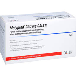 Abbildung: Metypred 250 mg Galen P.und LM z.H.einer Injektion / Infusionslösung  5X1 St, Pulver u Lösungsm. z. Herst. e.Injektions- bzw. Infusionsl. PZN 11359916
