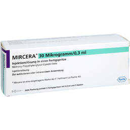 Abbildung: Mircera 30 Mikrogramm / 0,3 ml Injektionslösung i.e.Fert.-S. 3 St, Injektionslösung in einer Fertigspritze PZN 11367790