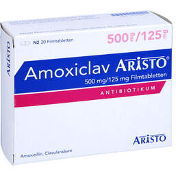 Abbildung: Amoxiclav Aristo 500 mg / 125 mg Filmtabletten 20 St, Filmtabletten PZN 11510589