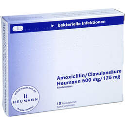 Abbildung: Amoxicillin / Clavulansäure Heumann 500mg / 125mg Fta 10 St, Filmtabletten PZN 11514647