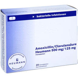 Abbildung: Amoxicillin / Clavulansäure Heumann 500mg / 125mg Fta 20 St, Filmtabletten PZN 11514653