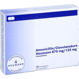 Abbildung: Amoxicillin / Clavulansäure Heumann 875mg / 125mg Fta 10 St, Filmtabletten PZN 11514676