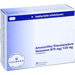 Abbildung: Amoxicillin / Clavulansäure Heumann 875mg / 125mg Fta 20 St, Filmtabletten PZN 11514682