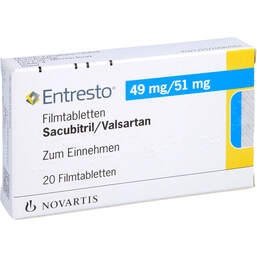 Abbildung: Entresto 49 mg / 51 mg Filmtabletten 20 St, Filmtabletten PZN 11536100