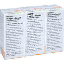 Abbildung: Cosopt 20 mg / ml + 5 mg / ml Augentropfen 3X5 ml, Augentropfen PZN 11557390