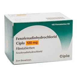 Abbildung: Fexofenadinhydrochlorid Cipla 120 mg Filmtabletten 100 St, Filmtabletten PZN 11596728