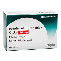 Abbildung: Fexofenadinhydrochlorid Cipla 180 mg Filmtabletten 50 St, Filmtabletten PZN 11596740