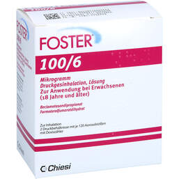 Abbildung: Foster 100 / 6 µg 120 Hub Dosieraerosol 2 St, Dosieraerosol PZN 11606467